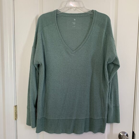 So Cozy Waffle Knit Top V-Neck Thermal Pullover Long Sleeve Green Size XL - Picture 1 of 5